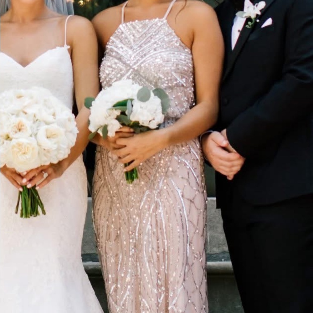 Adrianna Papell Beaded Halter Maxi Dress in Blush Pink